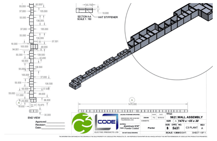 Typical shop drawing example of modular/custom planter